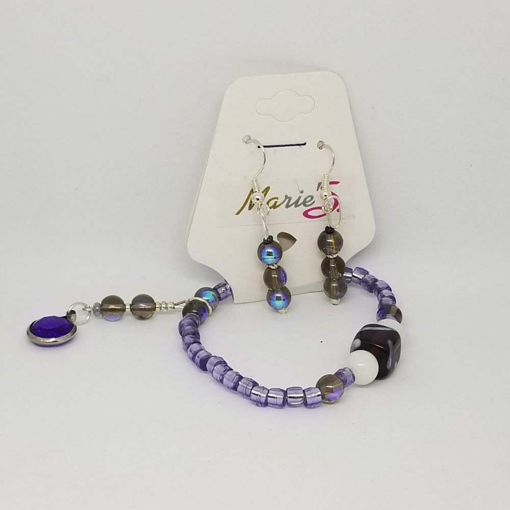Purple Elastic Bracelet Charm beads earrings set